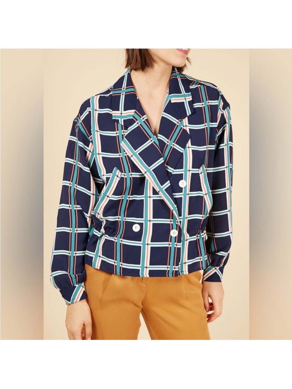 *FLAWED* FRNCH Windowpane Print Double-Breasted Jacket Size M/L